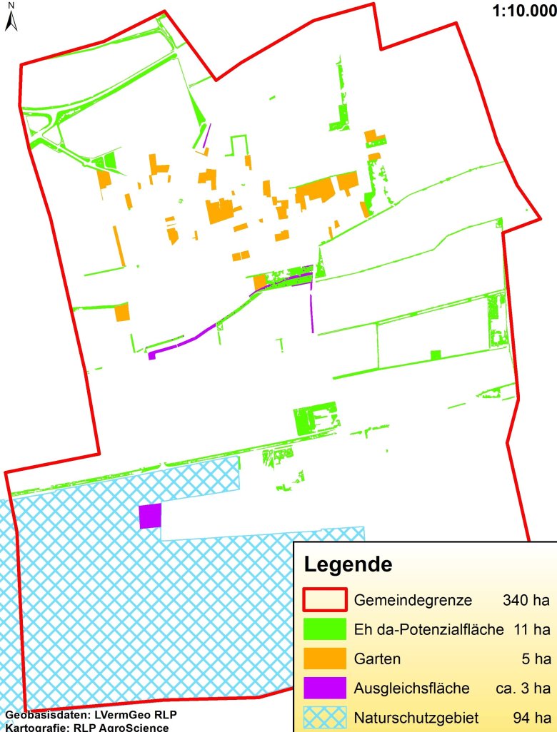 Karte mit Potenzialflächen, hier am Beispiel der Gemeinde Bornheim. Die Aufwertung vorhandener Flächen ist nicht nur für „Eh da-Kommunen“ ein wichtiges Thema, es spielt auch in vielen „KlikK aktiv“- und „KlikKS“-Projekten der Energieagentur Rheinland-Pfalz eine zentrale Rolle.
